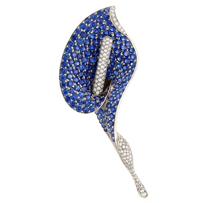 Lot 86 - White Gold, Sapphire and Diamond Calla Lily Brooch