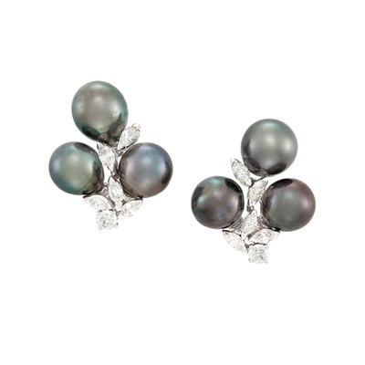 Lot 55 - Pair of White Gold, Tahitian Black Cultured Pearl and Diamond Earrings