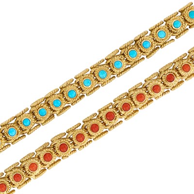 Lot 655 - Pair of Gold, Coral and Turquoise Bracelets