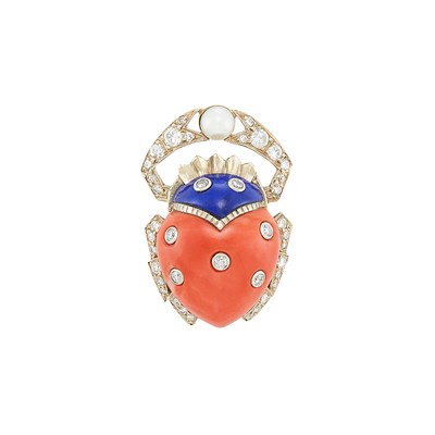 Lot 466 - Gold, Coral, Lapis, Diamond and Cultured Pearl Crab Clip