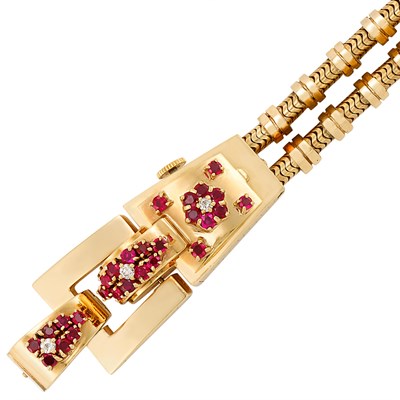 Lot 219 - Double Strand Gold, Ruby and Diamond Bracelet-Watch