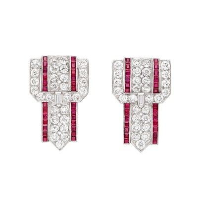 Lot 254 - Pair of Platinum, Diamond and Ruby Clips