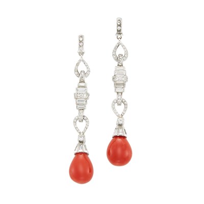 Lot 276 - Pair of White Gold, Diamond and Coral Pendant-Earrings
