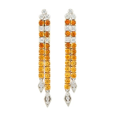 Lot 398 - Pair of Two-Color Gold, Orange and Yellow Sapphire and Diamond Fringe Earrings