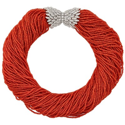 Lot 275 - Multistrand Coral Bead Torsade Necklace with White Gold and Diamond Clasp