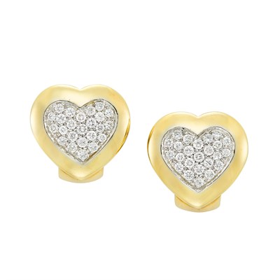 Lot 38 - Pair of Two-Color Gold and Diamond Heart Earrings