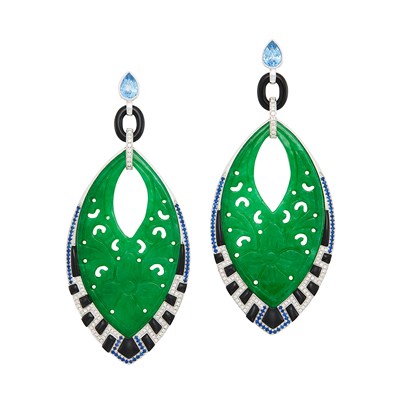 Lot 273 - Pair of White Gold, Carved Jade, Sapphire, Black Onyx and Diamond Pendant-Earrings