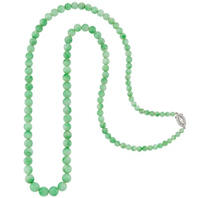 Lot 167 - Long Jade Bead Necklace with Platinum and Diamond Clasp