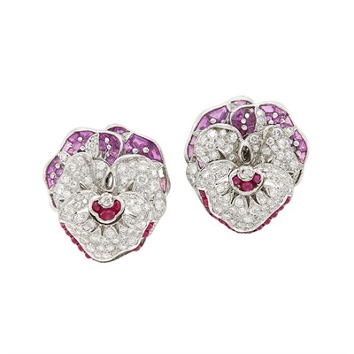 Lot 70 - Pair of White Gold, Diamond, Amethyst and Cabochon Ruby Pansy Earclips