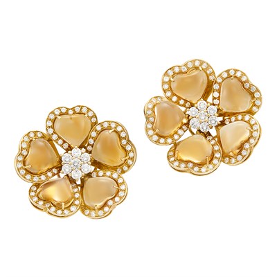 Lot 245 - Pair of Gold, Cabochon Citrine and Diamond Flower Brooches