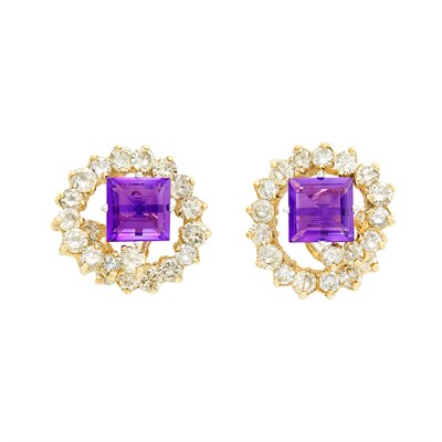 Lot 523 - Pair of Two-Color Gold, Amethyst and Diamond Earrings