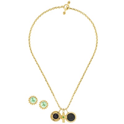 Lot 159 - Gold, Coin, Black Onyx Intaglio and Peridot Charm Necklace and Pair of Green Glass Intaglio and Mother-of-Pearl Earrings, Elizabeth Locke