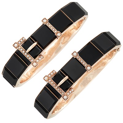 Lot 107 - Pair of Antique Gold, Black Onyx and Split Pearl Bangle Bracelets