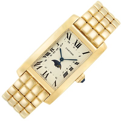 Lot 498 - Gold 'Tank Americaine' Moon Phase Date Wristwatch, Cartier, Paris