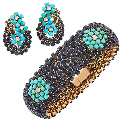 Lot 349 - Gold, Sapphire, Turquoise and Diamond Bracelet and Pair of Earclips