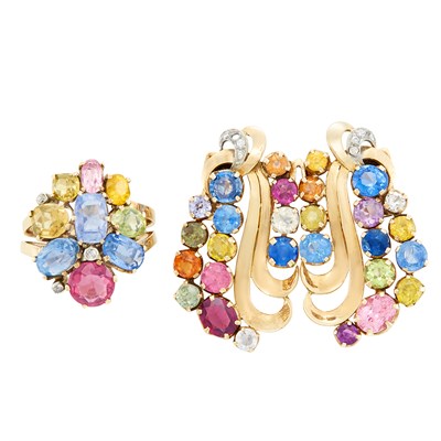Lot 237 - Gold and Multicolored Stone Double-Clip Brooch and Ring