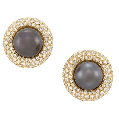 Lot 558 - Pair of Gold, Tahitian Black Cultured Pearl and Diamond Earclips