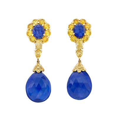 Lot 668 - Pair of Gold, Sapphire, Fancy Colored Yellow Diamond and Sapphire Pendant-Earrings