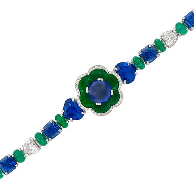 Lot 83 - Platinum, Jade, Cabochon Sapphire and Emerald, Sapphire and Diamond Bracelet
