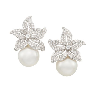 Lot 385 - Pair of White Gold, South Sea Cultured Pearl and Diamond Earrings