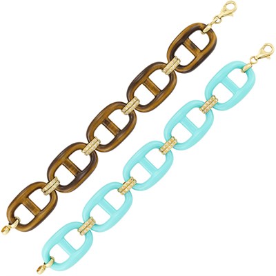 Lot 497 - Pair of Gold, Turquoise Composite, Tiger's Eye and Diamond Nautical Link Bracelets