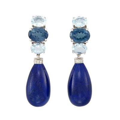 Lot 75 - Pair of White Gold, Aquamarine, Blue Tourmaline, Diamond and Lapis Pendant-Earclips