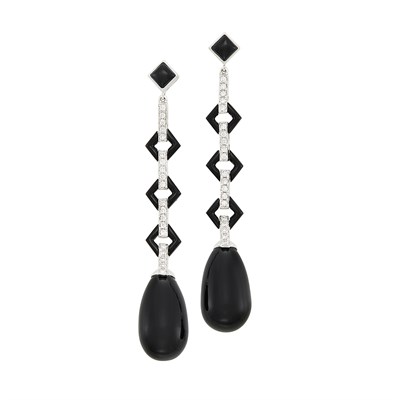 Lot 271 - Pair of White Gold, Black Onyx and Diamond Pendant-Earrings