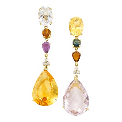 Lot 315 - Pair of Gold, Citrine, Amethyst and Diamond Pendant-Earclips
