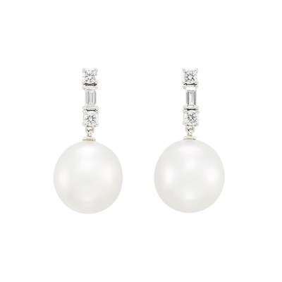 Lot 262 - Pair of White Gold, South Sea Cultured Pearl and Diamond Pendant-Earrings