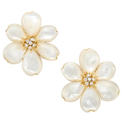 Lot 539 - Pair of Gold, Mother-of-Pearl and Diamond Flower Earclips