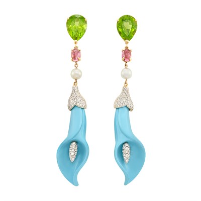 Lot 486 - Pair of Two-Color Gold, Carved Turquoise Composite, Gem-Set, Diamond and Cultured Pearl Pendant-Earclips