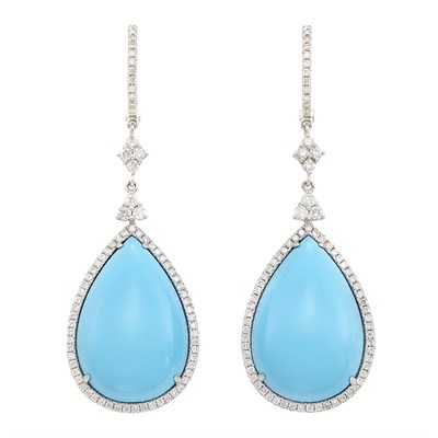 Lot 387 - Pair of White Gold, Diamond and Turquoise Composite Pendant-Earrings