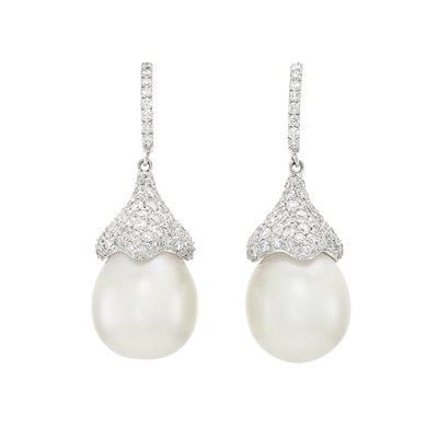 Lot 255 - Pair of White Gold, South Sea Cultured Pearl and Diamond Pendant-Earrings