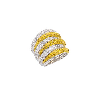Lot 403 - Wide Six Row White Gold, Yellow Diamond and Diamond Bombé Ring