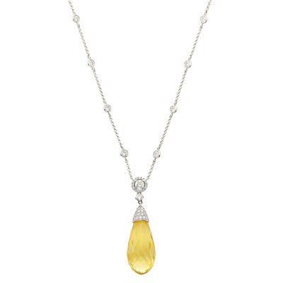 Lot 404 - White Gold, Citrine Briolette and Diamond Pendant-Necklace