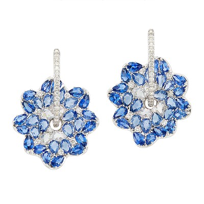 Lot 264 - Pair of White Gold, Sapphire, White Sapphire and Diamond Flower Earrings