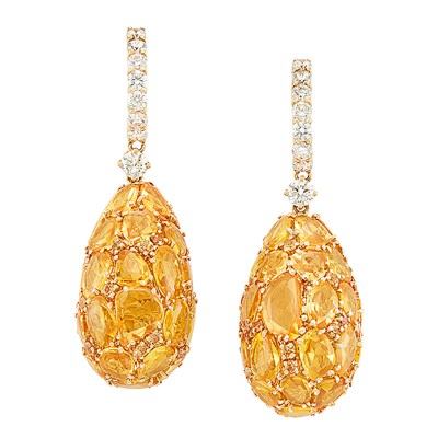 Lot 295 - Pair of Gold, Orange and Yellow Sapphire and Diamond Pendant-Earrings