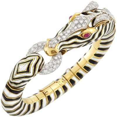 Lot 658 - Two-Color Gold, Black and White Enamel, Diamond and Cabochon Ruby Zebra Bangle Bracelet