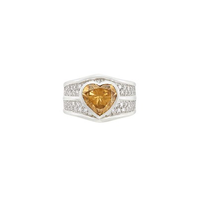 Lot 401 - White Gold, Fancy Yellowish Brown Diamond and Diamond Ring