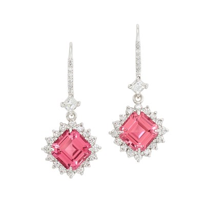 Lot 69 - Pair of White Gold, Pink Tourmaline and Diamond Pendant-Earrings