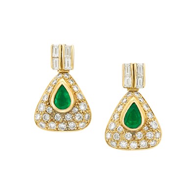 Lot 604 - Pair of Gold, Emerald and Diamond Earrings, Fred, France