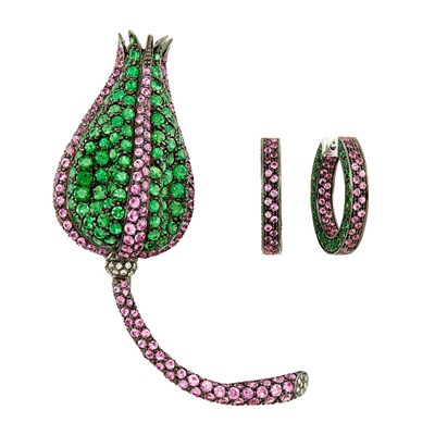 Lot 415 - Blackened Gold, Tsavorite Garnet, Pink Sapphire and Diamond Flower Clip-Brooch and Pair of Hoop Earrings