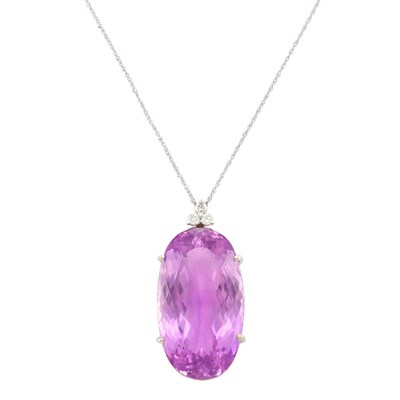 Lot 63 - White Gold, Kunzite and Diamond Pendant with Chain Necklace