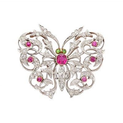 Lot 456 - Antique Platinum, Gold, Diamond, Ruby and Demantoid Garnet Butterfly Brooch