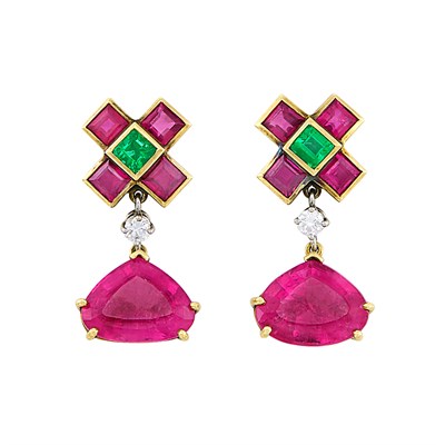 Lot 543 - Pair of Gold, Platinum, Rubellite, Emerald, Diamond and Pink Tourmaline Pendant-Earrings, Paloma Picasso, Tiffany & Co.