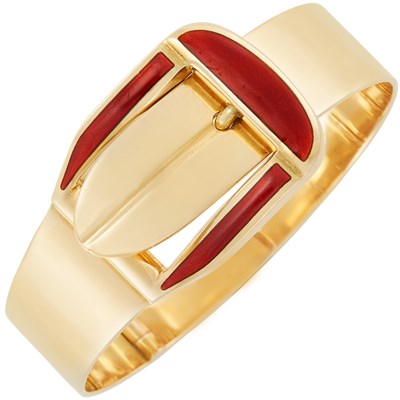 Lot 495 - Gold and Red Enamel Buckle Bangle Bracelet