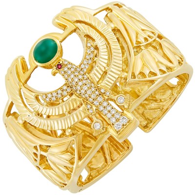 Lot 661 - Gold, Cabochon Emerald, Diamond and Ruby Cuff Bangle Bracelet