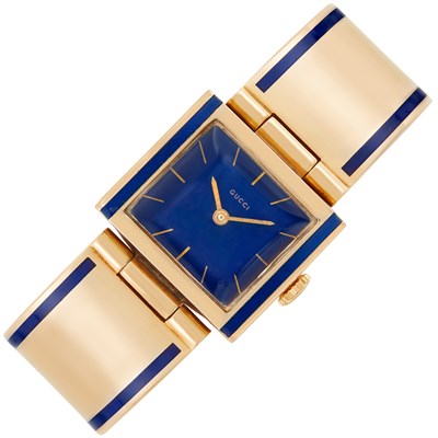 Lot 33 - Gold and Blue Enamel Buckle Bracelet-Watch, Gucci