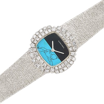 Lot 389 - Lady's White Gold, Diamond, Turquoise and Black Onyx Wristwatch, Longines