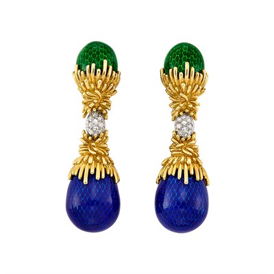 Lot 639 - Pair of Gold, Blue and Green Guilloché Enamel and Diamond Pendant-Earrings, Spritzer & Fuhrman, France